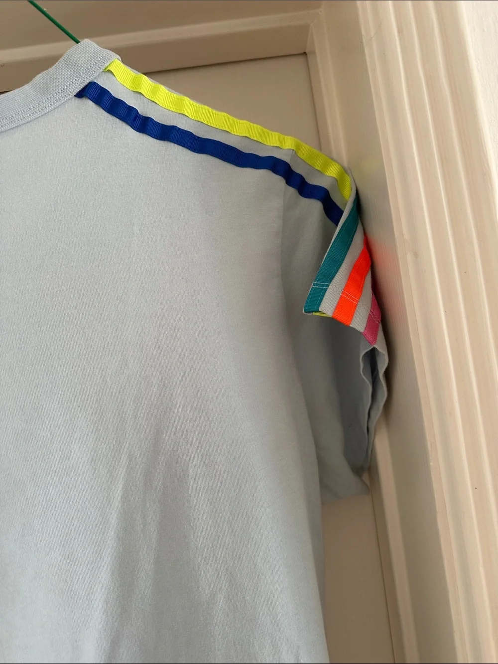 Mira Mikati Light Blue Tee with Teal, Orange & Pink Shoulder Stripes